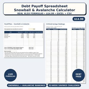 May include: A digital debt payoff spreadsheet featuring a snowball and avalanche calculator with real XLSX formulas. The layout includes a debt payoff plan table, a 52-week savings challenge tracker, and instructions for managing store cards and loans.