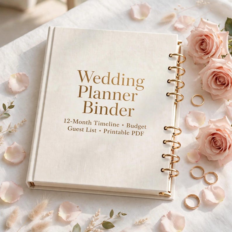 May include: A cream-coloured wedding planner binder with gold-toned metal rings. The cover features the text "Wedding Planner Binder" followed by "12-Month Timeline &bull; Budget &bull; Guest List &bull; Printable PDF" printed in a dark brown serif font.