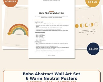 Boho-Wandkunst-Set mit 6 druckbaren Postern, Terrakotta-Bogen, Sonne und Mond als Linienzeichnung, neutrale moderne Wohndekoration (PDF)