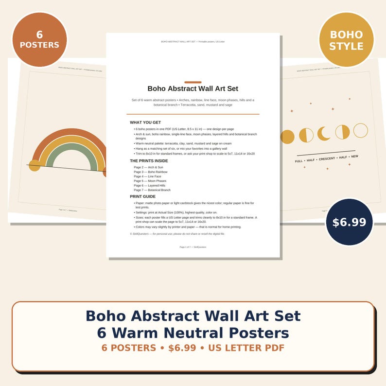 May include: A digital download set of 6 abstract wall art posters in a warm neutral palette. The document displays a list of designs including arches, a rainbow, a line face, moon phases, hills, and a botanical branch, formatted as a US Letter PDF.