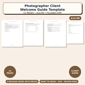 Op de afbeelding: Een sjabloon voor een welkomstgids voor klanten van fotografen met 12 pagina's in een invulbaar PDF-formaat. Het document bevat secties voor welkomstnotities, details over de sessiedag, levertijden, klantvragen en een bedankpagina.