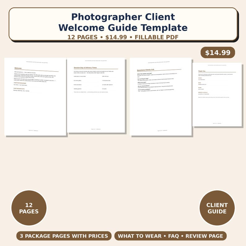 Op de afbeelding: Een sjabloon voor een welkomstgids voor klanten van fotografen met 12 pagina's in een invulbaar PDF-formaat. Het document bevat secties voor welkomstnotities, details over de sessiedag, levertijden, klantvragen en een bedankpagina.