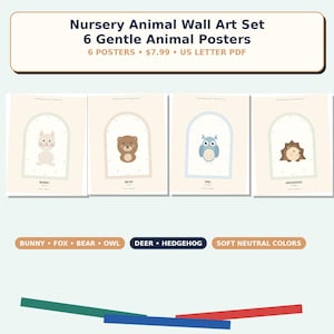K&ouml;nnte beinhalten: Ein Set aus sechs Wandkunstpostern f&uuml;r Kinderzimmer mit einem Hasen, B&auml;ren, einer Eule und einem Igel in bogenf&ouml;rmigen Rahmen. Der Text lautet Nursery Animal Wall Art Set 6 Gentle Animal Posters, Bunny, Fox, Bear, Owl, Deer, Hedgehog, Soft Neutral Colors.