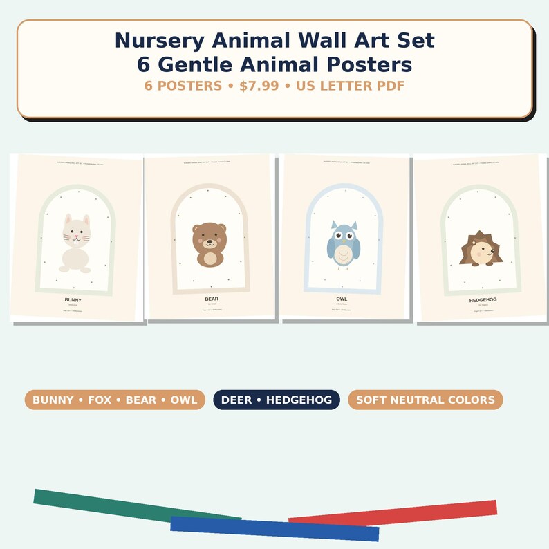 K&ouml;nnte beinhalten: Ein Set aus sechs Wandkunstpostern f&uuml;r Kinderzimmer mit einem Hasen, B&auml;ren, einer Eule und einem Igel in bogenf&ouml;rmigen Rahmen. Der Text lautet Nursery Animal Wall Art Set 6 Gentle Animal Posters, Bunny, Fox, Bear, Owl, Deer, Hedgehog, Soft Neutral Colors.