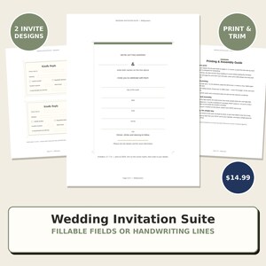 May include: A wedding invitation suite template featuring two invite designs with fillable fields or handwriting lines. The documents include a main invitation, a reply card, and a printing and assembly guide with text instructions.