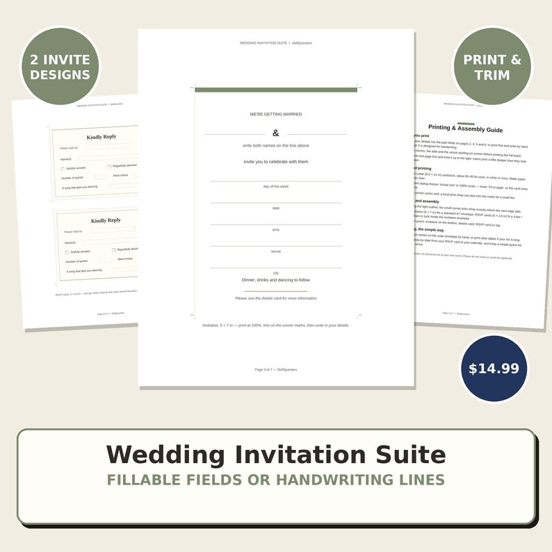 May include: A wedding invitation suite template featuring two invite designs with fillable fields or handwriting lines. The documents include a main invitation, a reply card, and a printing and assembly guide with text instructions.