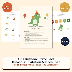 May include: A digital printable kids birthday party pack featuring a dinosaur theme. The set includes 10 pages with a green dinosaur wearing a party hat, balloons, cupcake toppers, and a Happy Birthday banner. Text includes Kids Birthday Invitation & Party Pack.