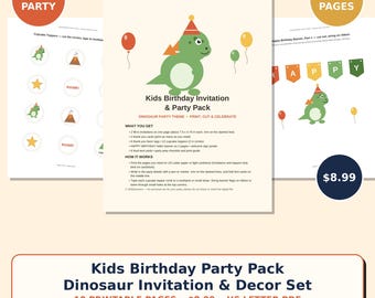 May include: A digital printable kids birthday party pack featuring a dinosaur theme. The set includes 10 pages with a green dinosaur wearing a party hat, balloons, cupcake toppers, and a Happy Birthday banner. Text includes Kids Birthday Invitation & Party Pack.