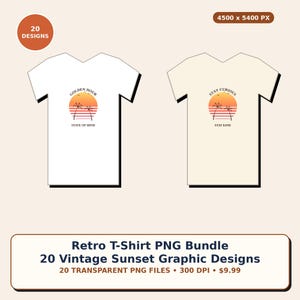 以下が含まれることがあります： 白とクリーム色の2枚のTシャツ。どちらもヤシの木と水平線が描かれた夕日の円形グラフィックが特徴です。白いTシャツには「Golden Hour State of Mind」、クリーム色のTシャツには「Stay Curious Stay Kind」というテキストがプリントされています。