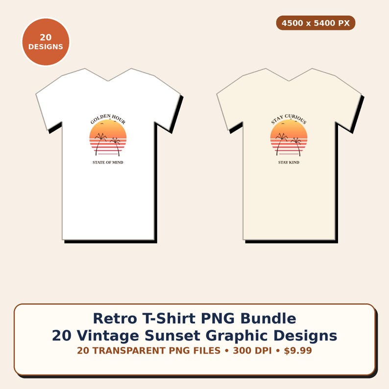 以下が含まれることがあります： 白とクリーム色の2枚のTシャツ。どちらもヤシの木と水平線が描かれた夕日の円形グラフィックが特徴です。白いTシャツには「Golden Hour State of Mind」、クリーム色のTシャツには「Stay Curious Stay Kind」というテキストがプリントされています。