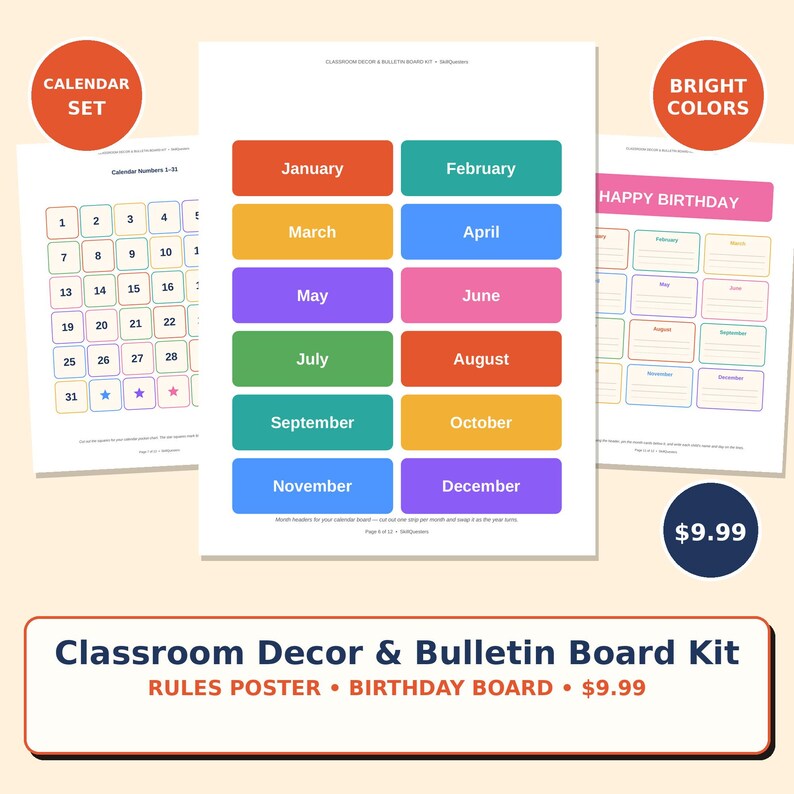 May include: A classroom decor and bulletin board kit featuring printable pages with month headers in various colours, a calendar number grid from 1 to 31, and a birthday board template. The text includes month names from January to December.