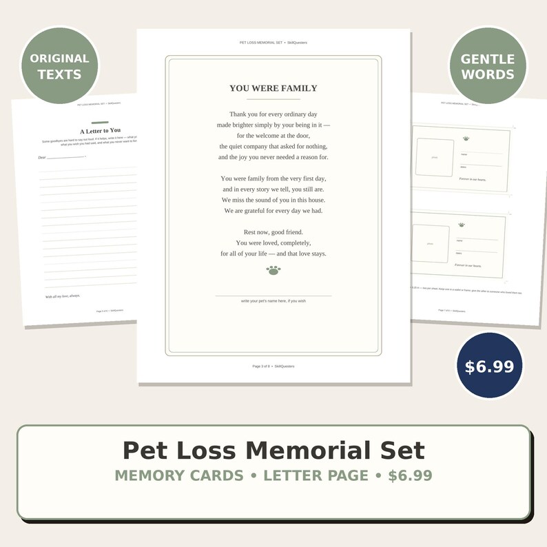 Puede incluir: Un conjunto conmemorativo para mascotas con p&aacute;ginas de papel blanco y texto en negro. La p&aacute;gina central muestra el t&iacute;tulo YOU WERE FAMILY seguido de un poema y un icono de huella verde. Incluye plantillas para cartas y tarjetas de memoria.