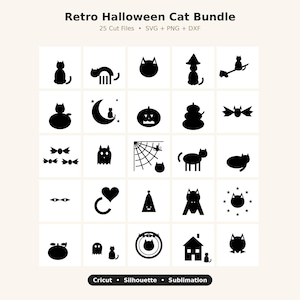 Pode incluir: Uma cole&ccedil;&atilde;o digital intitulada Retro Halloween Cat Bundle contendo 25 arquivos de corte de silhueta preta em formatos SVG, PNG e DXF. A grade exibe v&aacute;rios &iacute;cones com tema de gato, incluindo gatos em vassouras, ab&oacute;boras e fantasmas.