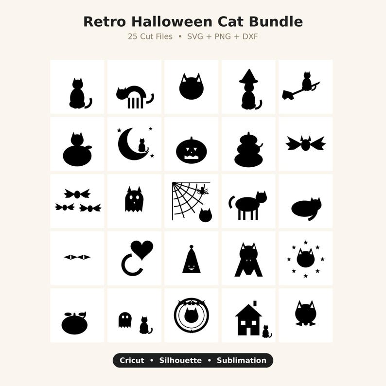 Pode incluir: Uma cole&ccedil;&atilde;o digital intitulada Retro Halloween Cat Bundle contendo 25 arquivos de corte de silhueta preta em formatos SVG, PNG e DXF. A grade exibe v&aacute;rios &iacute;cones com tema de gato, incluindo gatos em vassouras, ab&oacute;boras e fantasmas.