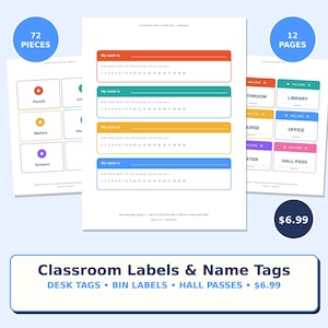 May include: A set of printable classroom labels and name tags featuring 72 pieces across 12 pages. The sheets include colorful desk name tags with alphabet and number lines, bin labels with icons, and hall passes for various school locations.