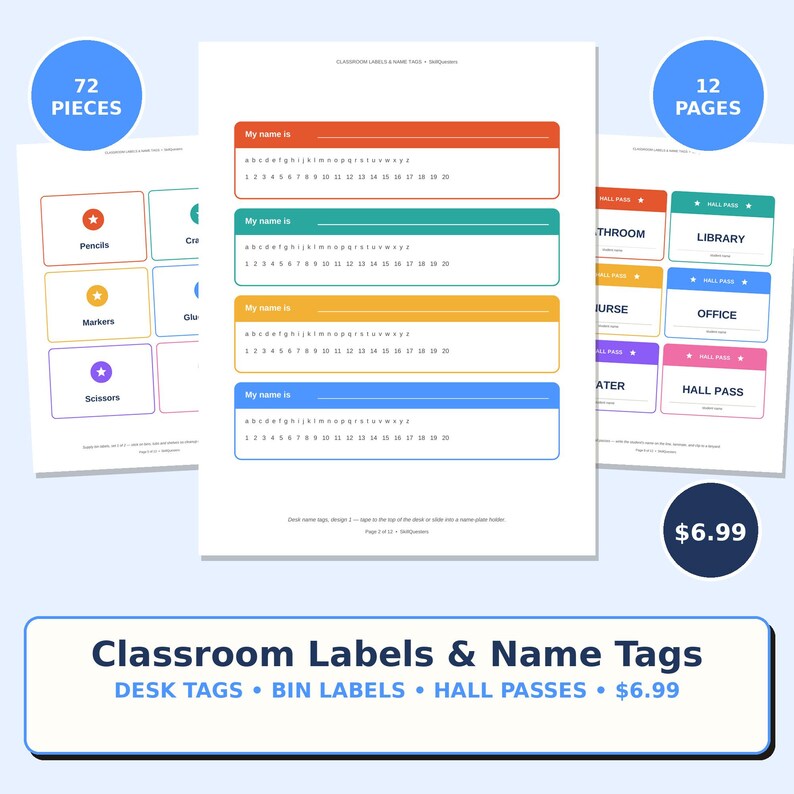 May include: A set of printable classroom labels and name tags featuring 72 pieces across 12 pages. The sheets include colorful desk name tags with alphabet and number lines, bin labels with icons, and hall passes for various school locations.