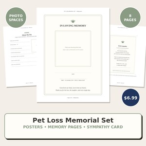 Puede incluir: Un conjunto conmemorativo por la p&eacute;rdida de una mascota que incluye ocho p&aacute;ginas de plantillas imprimibles. Las p&aacute;ginas contienen secciones tituladas In Loving Memory, About My Pet y With Sympathy, con espacios para fotos y nombres.