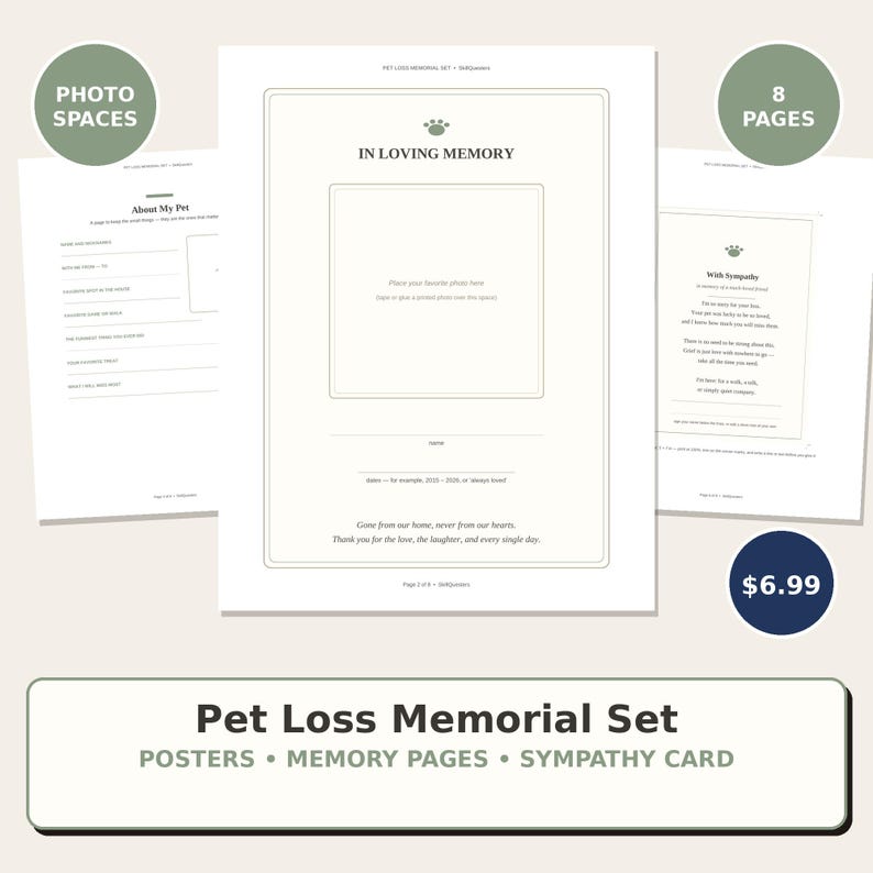 Puede incluir: Un conjunto conmemorativo por la p&eacute;rdida de una mascota que incluye ocho p&aacute;ginas de plantillas imprimibles. Las p&aacute;ginas contienen secciones tituladas In Loving Memory, About My Pet y With Sympathy, con espacios para fotos y nombres.