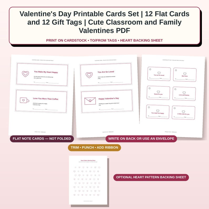 Op de afbeelding: Een printbare Valentijnsdagset met 12 platte kaarten en 12 cadeaulabels met rode tekst en hartjesafbeeldingen. De set bevat zinnen zoals You Make My Heart Happy, You Are So Loved en Happy Valentine's Day, plus een vel met een hartjespatroon.