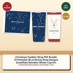 K&ouml;nnte beinhalten: Ein digitales Set aus 12 druckbaren Weihnachts-Becherh&uuml;llen f&uuml;r 20 oz Skinny-Becher. Das Set enth&auml;lt eine dunkelblaue H&uuml;lle mit wei&szlig;en Schneeflocken und dem Text MERRY CHRISTMAS let it snow sowie eine wei&szlig;e H&uuml;lle mit einem roten Rentier und REINDEER CROSSING.