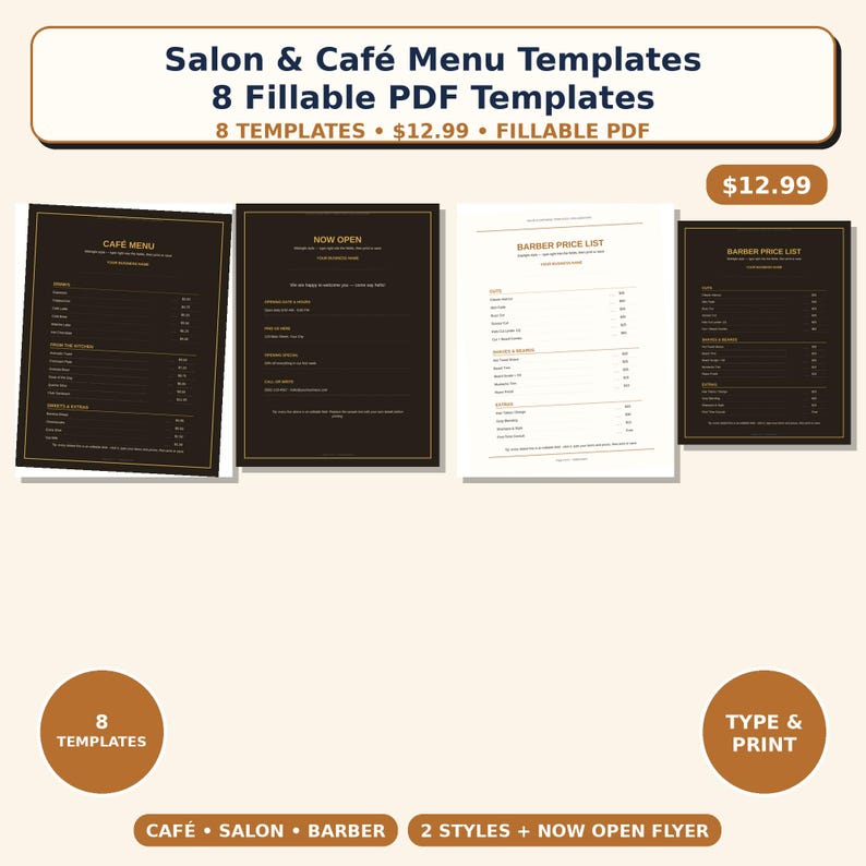 May include: A set of eight fillable PDF menu templates for salons and cafes, featuring dark and light colour schemes with gold-toned text. The templates include cafe menus, barber price lists, and a now open flyer, all designed for easy editing.