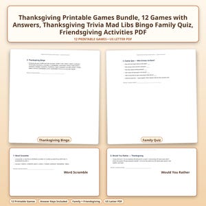 May include: A Thanksgiving printable games bundle featuring 12 activities including Thanksgiving Bingo, a Family Quiz, Word Scramble, and Would You Rather. The document includes answer keys and is formatted as a US Letter PDF for holiday gatherings.