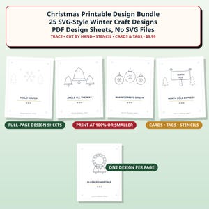 Puede incluir: Un paquete de dise&ntilde;os navide&ntilde;os imprimibles con 25 motivos de manualidades de invierno en hojas PDF. Las hojas muestran dibujos de l&iacute;neas negras que incluyen copos de nieve, campanas, adornos y letreros con texto como Hello Winter.