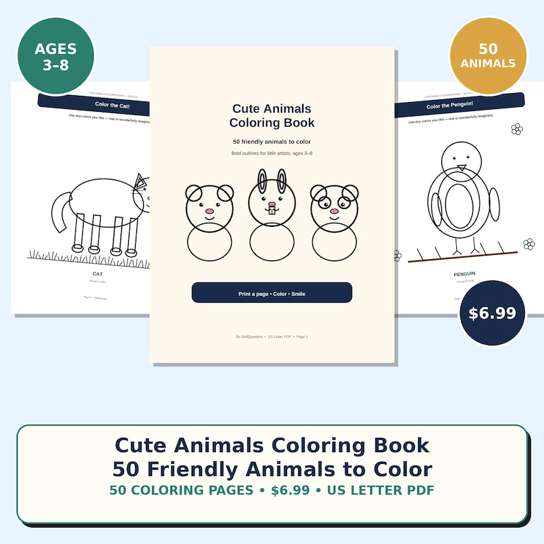 May include: A digital coloring book titled Cute Animals Coloring Book featuring 50 friendly animals to color. The cover displays three simple line-art animal faces, while sample pages show a cat and a penguin with bold outlines for children.
