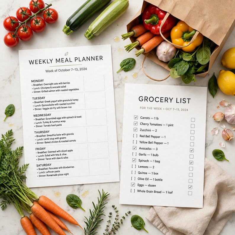 Puede incluir: Un planificador de comidas semanal y una lista de la compra impresos para la semana del 7 al 13 de octubre de 2024, rodeados de productos frescos como tomates cherry, calabacines, zanahorias, pimientos, ajo, espinacas y limones en una bolsa.