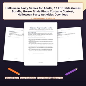 Op de afbeelding: Een bundel van 12 printbare Halloween-gezelschapsspellen voor volwassenen, inclusief horror-trivia, bingo en vellen voor kostuumwedstrijden. De documenten zijn opgemaakt als US Letter PDF's met zwarte tekst op wit papier, met oranje en paarse potloden.