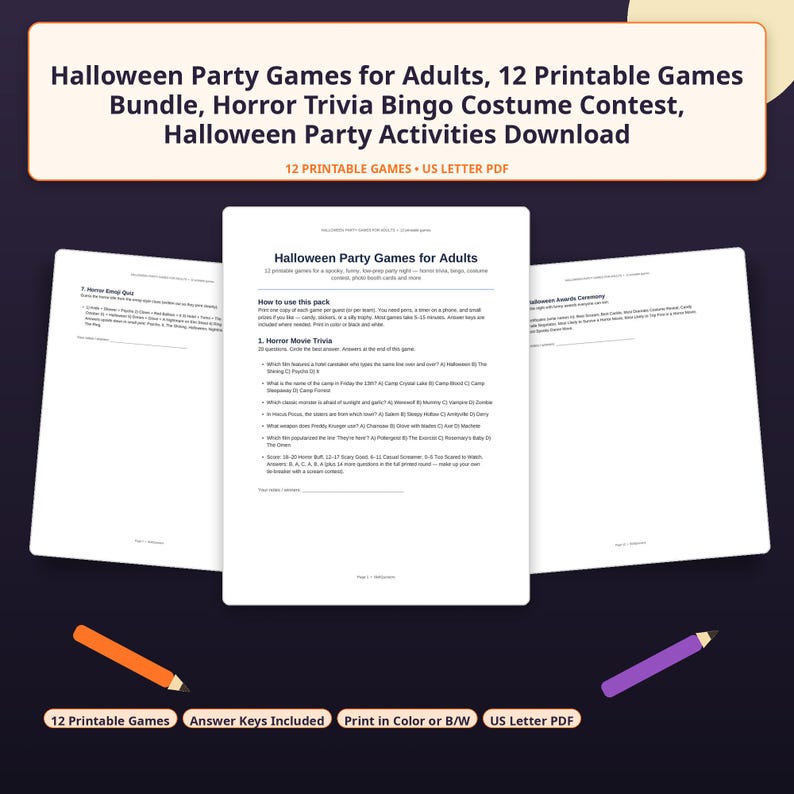 Op de afbeelding: Een bundel van 12 printbare Halloween-gezelschapsspellen voor volwassenen, inclusief horror-trivia, bingo en vellen voor kostuumwedstrijden. De documenten zijn opgemaakt als US Letter PDF's met zwarte tekst op wit papier, met oranje en paarse potloden.