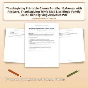 May include: A Thanksgiving printable games bundle featuring 12 activities including trivia, Mad Libs, bingo, and a family quiz. The document set includes answer keys and is formatted as a US letter PDF. Two stylized pencils are positioned below the pages.