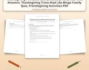 Thanksgiving-Spielepaket zum Ausdrucken, 12 Spiele mit Lösungen, Thanksgiving-Quiz, Mad Libs, Bingo, Familienquiz, Friendsgiving-Aktivitäten (PDF)