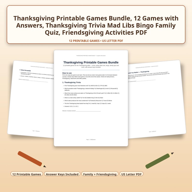 May include: A Thanksgiving printable games bundle featuring 12 activities including trivia, Mad Libs, bingo, and a family quiz. The document set includes answer keys and is formatted as a US letter PDF. Two stylized pencils are positioned below the pages.