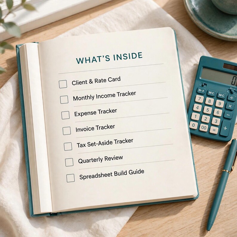 Op de afbeelding: Een open planner met een blauwgroene kaft met een checklist getiteld WHAT'S INSIDE, inclusief Client & Rate Card, Monthly Income Tracker, Expense Tracker, Invoice Tracker, Tax Set-Aside Tracker, Quarterly Review en Spreadsheet Build Guide.
