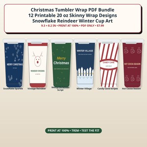 K&ouml;nnte beinhalten: Ein digitales Set aus 12 druckbaren 20 oz Skinny-Tumbler-Wrap-Designs mit Weihnachtsmotiven wie Schneeflocken, Rentieren, Winterd&ouml;rfern, Zuckerstangenstreifen und hei&szlig;em Kakao. Der Text lautet Christmas Tumbler Wrap PDF Bundle.