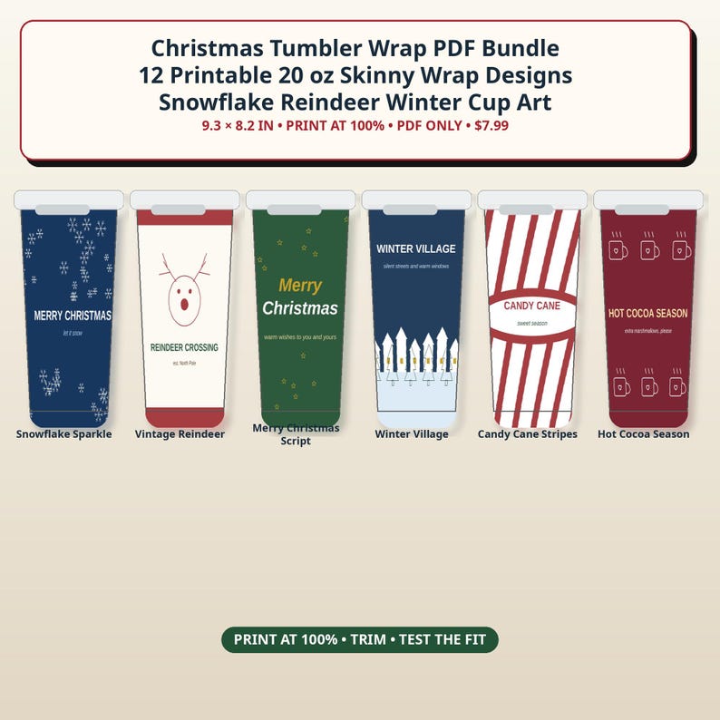 K&ouml;nnte beinhalten: Ein digitales Set aus 12 druckbaren 20 oz Skinny-Tumbler-Wrap-Designs mit Weihnachtsmotiven wie Schneeflocken, Rentieren, Winterd&ouml;rfern, Zuckerstangenstreifen und hei&szlig;em Kakao. Der Text lautet Christmas Tumbler Wrap PDF Bundle.