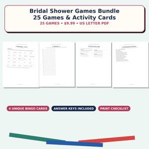 Op de afbeelding: Een digitaal pakket met bruidsdouchespellen en activiteitenkaarten met 25 spellen in US letter PDF-formaat. De set bevat vier unieke bingokaarten, antwoordsleutels en een afdrukchecklist, weergegeven als witte vellen met zwarte tekst.