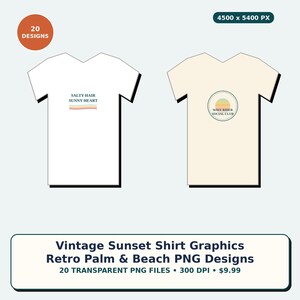 以下が含まれることがあります： デジタルモックアップとして表示された2枚のTシャツ。左側の白いTシャツには「SALTY HAIR SUNNY HEART」という文字とカラフルな水平線が描かれています。右側のクリーム色のTシャツには、夕日と「WAVE RIDER SOCIAL CLUB」という文字が入った円形のロゴがあります。