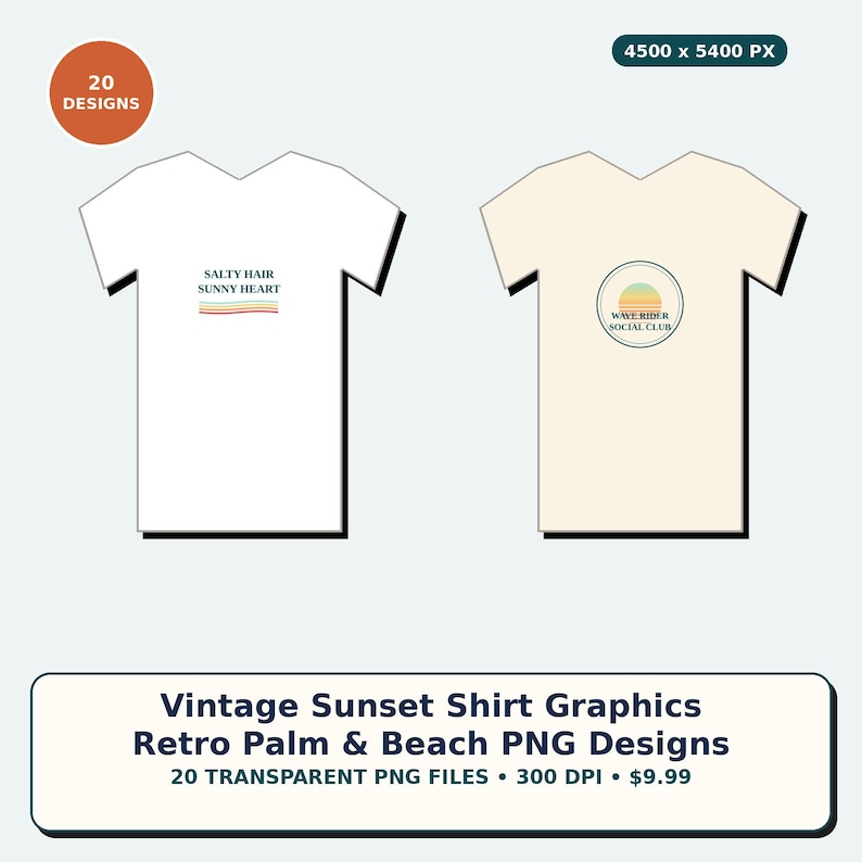 以下が含まれることがあります： デジタルモックアップとして表示された2枚のTシャツ。左側の白いTシャツには「SALTY HAIR SUNNY HEART」という文字とカラフルな水平線が描かれています。右側のクリーム色のTシャツには、夕日と「WAVE RIDER SOCIAL CLUB」という文字が入った円形のロゴがあります。