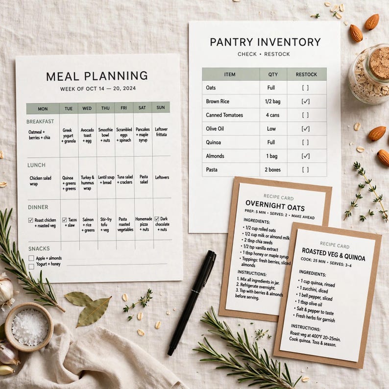 Puede incluir: Una hoja de planificaci&oacute;n de comidas para la semana del 14 al 20 de octubre de 2024, una lista de inventario de despensa y dos tarjetas de recetas para avena nocturna y verduras asadas con quinoa. Un bol&iacute;grafo negro acompa&ntilde;a los documentos.