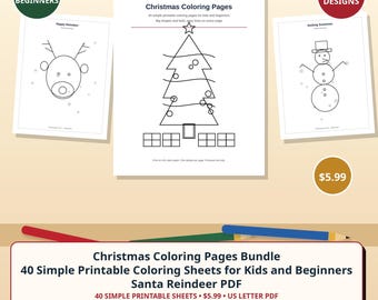 Weihnachtsmalvorlagen-Paket | 40 einfache, druckbare Malvorlagen für Kinder und Anfänger | Weihnachtsmann und Rentier (PDF)
