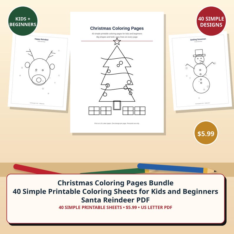 May include: A digital bundle of Christmas coloring pages featuring 40 simple printable designs for kids and beginners. The sheets include line art of a reindeer, a Christmas tree, and a snowman, all formatted for US Letter paper with bold lines.