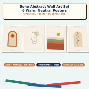 May include: A set of four rectangular posters featuring abstract designs in warm neutral tones. The prints display an arch with a circle, a minimalist line-art face, a landscape with hills and a sun, and a botanical stem inside an arch shape.