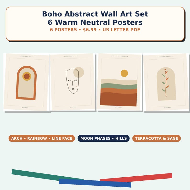 May include: A set of four rectangular posters featuring abstract designs in warm neutral tones. The prints display an arch with a circle, a minimalist line-art face, a landscape with hills and a sun, and a botanical stem inside an arch shape.