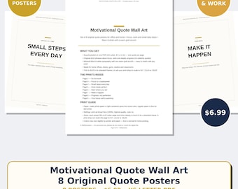 Op de afbeelding: Een set van acht printbare motiverende quote-posters in zwart-wit met gouden accenten. Het document toont de titel Motivational Quote Wall Art, een lijst met inbegrepen zinnen en afdrukinstructies op een standaard US Letter-pagina.