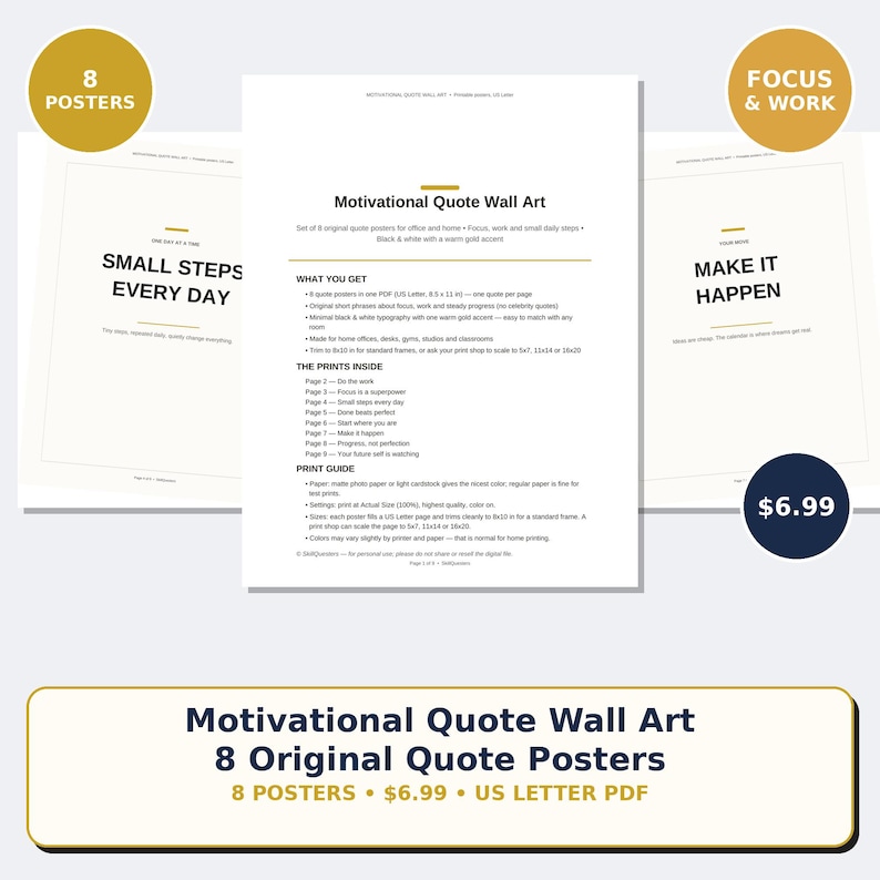May include: A set of eight printable motivational quote posters in black and white with gold accents. The document displays the title Motivational Quote Wall Art, a list of included phrases, and printing instructions on a standard US Letter size page.