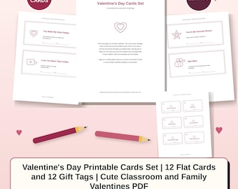 Valentinstag-Kartenset zum Ausdrucken | 12 flache Karten und 12 Geschenkanhänger | Niedliche Valentinstagskarten für Schule und Familie (PDF)