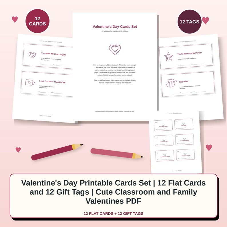 Op de afbeelding: Een printbare Valentijnsdagset met 12 platte kaarten en 12 cadeaulabels met kastanjebruine tekst en lijntekeningen. De pagina's bevatten zinnen zoals You Make My Heart Happy, Love You More Than Coffee, You're My Favorite Person en Bee Mine.