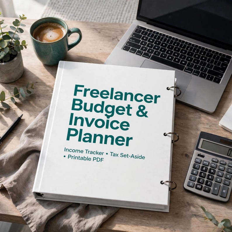 Op de afbeelding: Een witte ordner met drie ringen en de donkergroene tekst Freelancer Budget & Invoice Planner, Income Tracker, Tax Set-Aside en Printable PDF op de voorkant, geplaatst naast een laptop, een rekenmachine en een koffiemok.